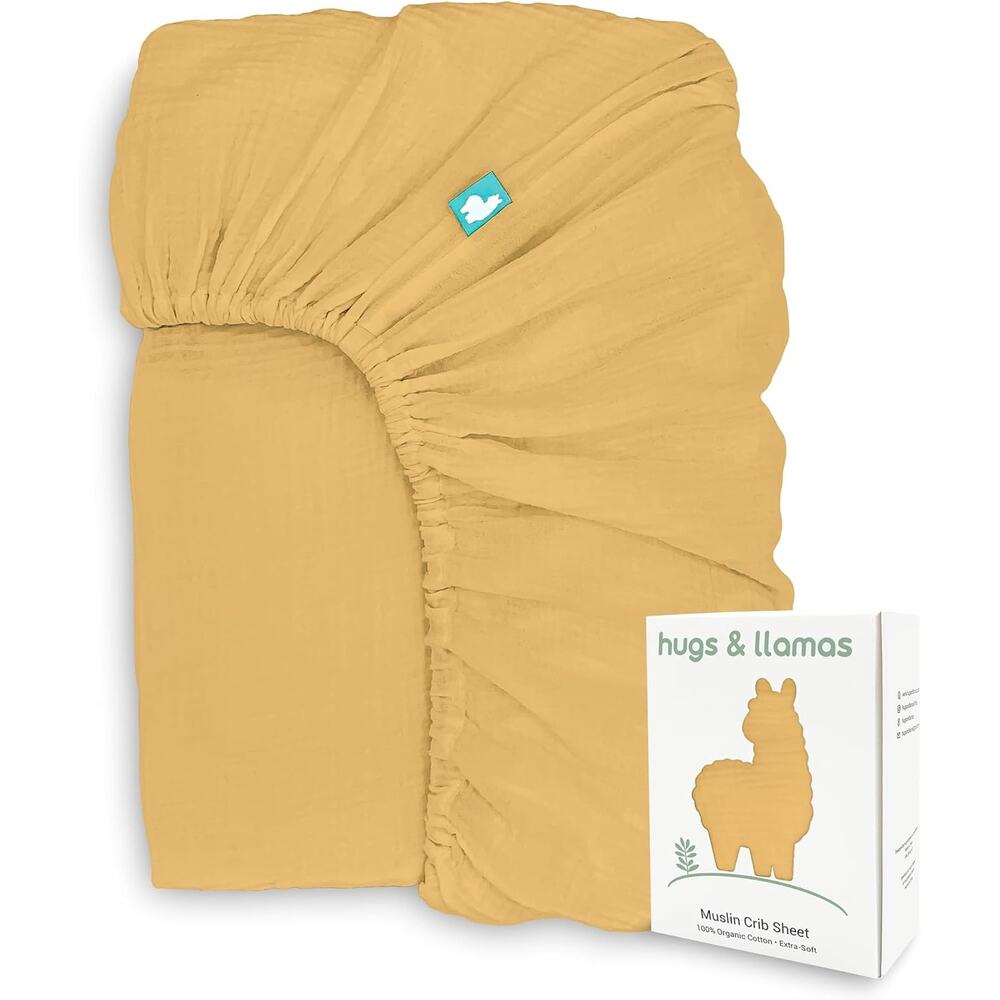 Hugs & Llamas 100% Organic Cotton Muslin Fitted Crib Sheet, Peach Sorbet